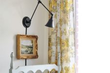 faux bamboo blinds and bold floral print curtains to add color and texture to this beautiful vintage guest bedroom