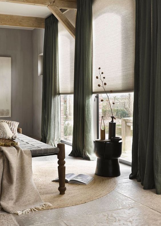neutral shades and green curtains make up a nice combo to treat your windows if you love natural color palettes