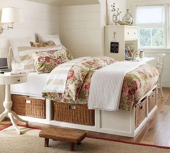 a white rustic-inspired bed with storage drawers is a cool idea for any space, it features a lot of cute storage space