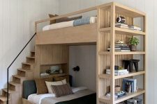 a stylish bunk bed with lots of storage