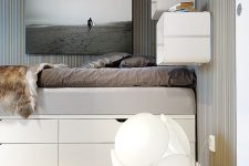 33 a platform bed with storage drawers and moody bedding, open storage shelves as nightstands for a modern bedroom