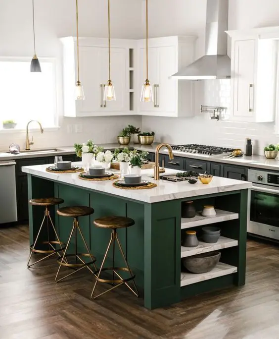 a bold green and white kitchen with shaker cabinets, white stone countertops, a large kitchen island with open shelves