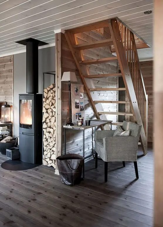 a cozy Scandi space with a hearth, a grey stained planked floor, rich-stained planked walls and a staircase and grey furniture is welcoming