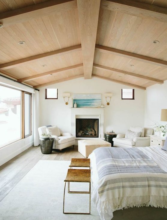 a neutral and beautiful bedroom with a panoramic window, a blonde wood ceiling with beams, a fireplace, white chairs and an ottoman, a bed and leather stools