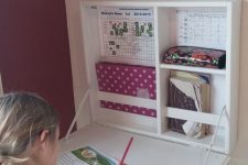 a small wall-mounted Murphy desk is a nice solution for a tiny kid’s room, here your kid will be able to draw, craft and study
