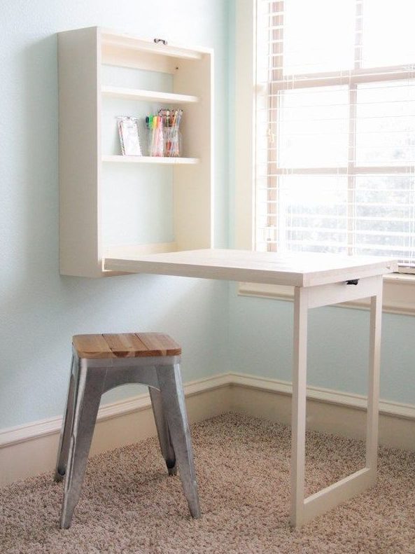 such a Murphy desk can be easily DIYed, it features much storage space and a large desk, which is enough for crafting, too