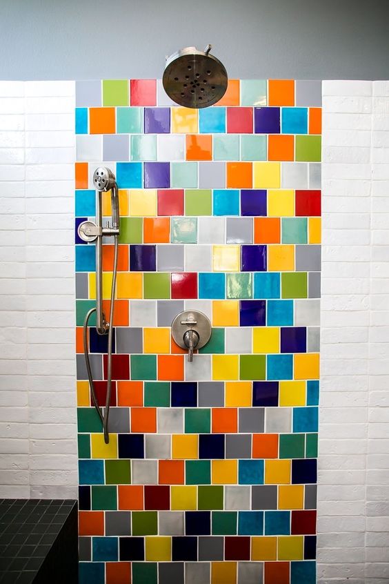 such a bold and colorful accent of multi color tiles will be an edgy statement in your bathroom and will make it special