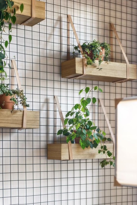hanging shelves of wood and leather like these ones can become your own rustic wall garden
