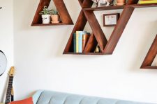 14 rich-stained wall-mounted triangle shelves are amazing to store and display your stuff and they match mid-century modern style