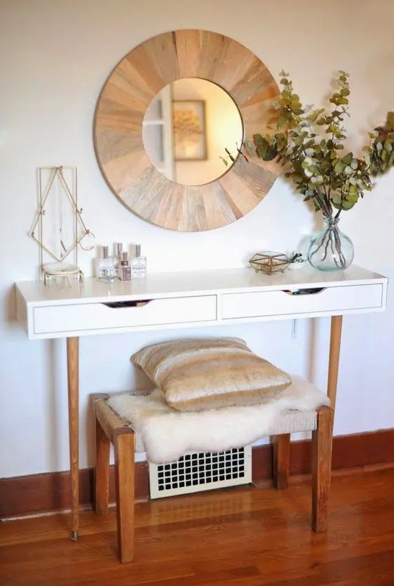 a stylish console made of IKEA items and a stool plus a wood clad mirror over it for a modern farmhouse space