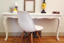 21 a vintage white half console table with beautiful vintage decor and a white chair won’t take much space, and it can be used as a desk, too