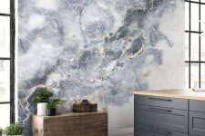 27 a grey and gold marble wallpaper wall will make your space more refined and more chic