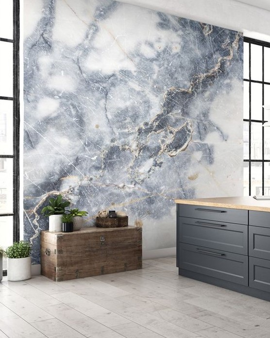 a grey and gold marble wallpaper wall will make your space more refined and more chic