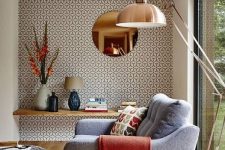 28 mid-century-inspired printed wallpaper wall is a chic and bold idea for a living room