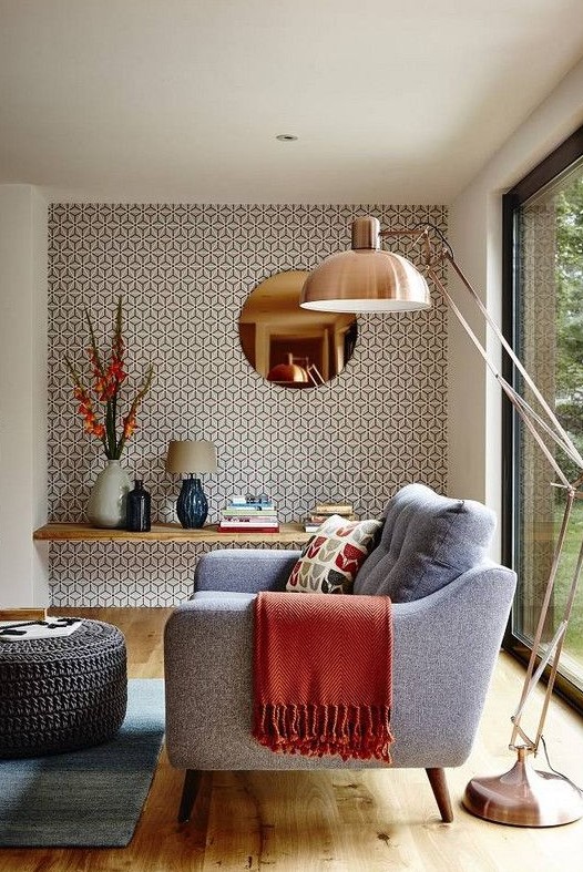 mid century inspired printed wallpaper wall is a chic and bold idea for a living room