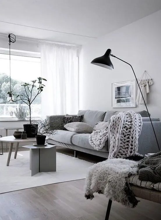 a stylish monochromatic Scandinavian living room with a grey sofa, neutral furniture, a black lamp and pots, neutral textiles is chic