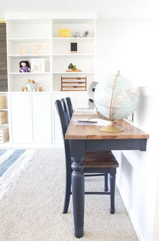 an old dining table turned into a double desk for a kids' room painting it and staining the tabletop is a smart idea for a farmhouse space
