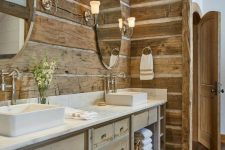 a contemporary rustic bathroom with much wood in decor – wooden planks on the wall and wooden furniture