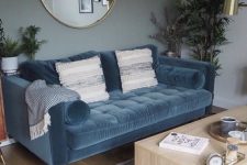 a delicate living room with a grey accent wall, a blue velvet sofa, a storage coffee table, a printed tug and neutral pillows, potted greenery