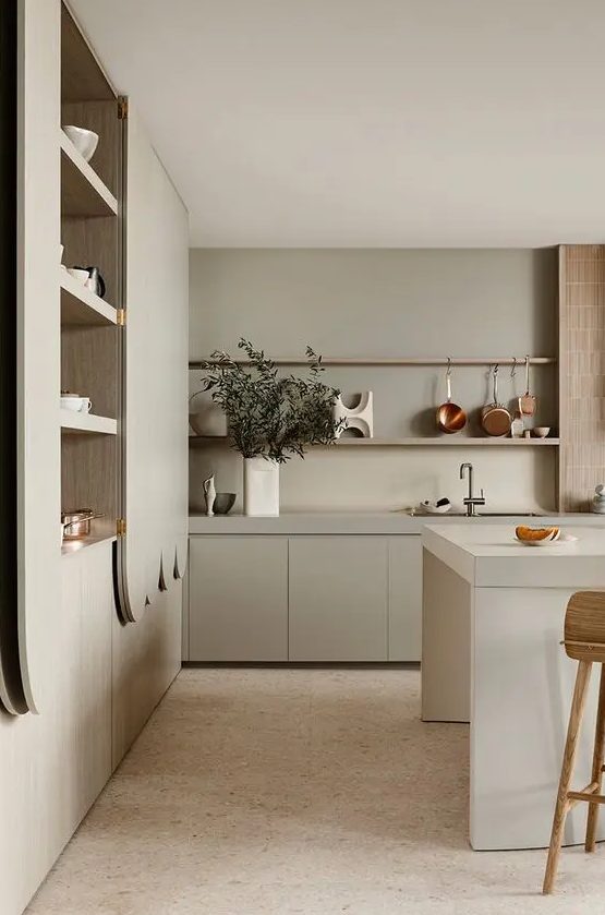 a dove grey contemporary kitchen with sleek cabinets, a bamboo backsplash, catchy curved details and open shelves is amazing