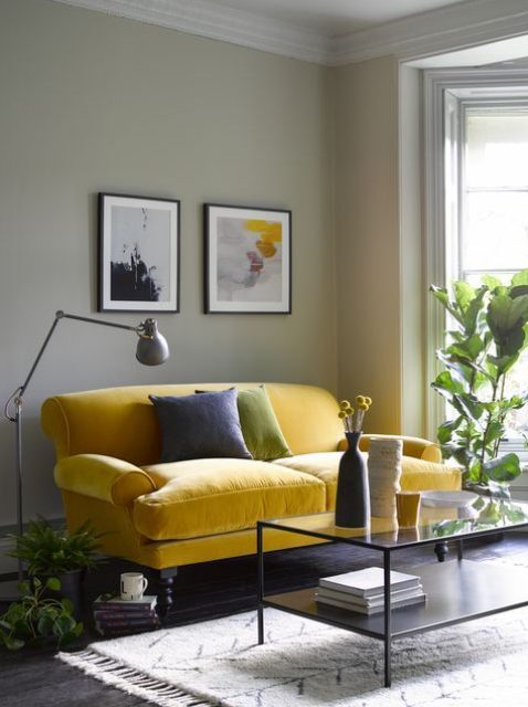 a mid-century modern living room with grey walls, a lemon yellow vintage sofa, a small gallery wall, a black low table and potted plants