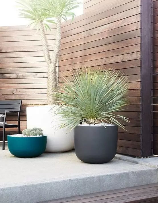 bowl like white, grey and blue planters of different heights will make your outdoor space cooler