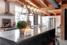 exposed wooden beams on the roof with lamps hanging from them for a fresh modern rustic look