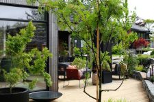 oversized round and bowl planters in black with trees and greenery are amazing to style your Scandinavian or modern balcony