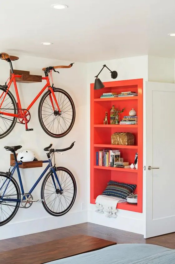 plywood holders for bikes will make them part of decor and will add a cool feel to the interior, besides, you won't waste any floor space