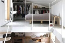 a contemporary apartment with a loft bedroom and a closet space, with a window and a skylight is a very modern solution