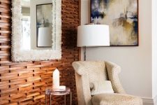 03 a stained wood slab accent wall will add coziness and chic and a matching floor highlights it even more