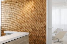 05 a unique textural accent wall clad with wooden shingles is a stylish contemporary meets rustic idea