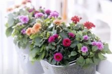 23 grey railing planters with bright blooms and greenery are a nice decoration for a small balcony and can be used anywhere you want for blooms and plants