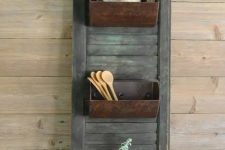 34 farmhouse storage shutter with old loaf pans for a vintage feel in your kitchen is a unique DIY project