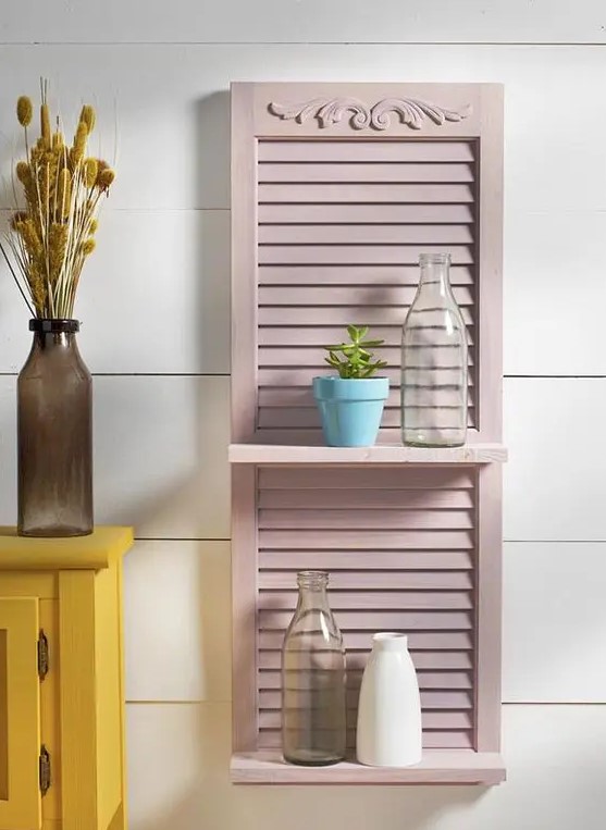 a blush painted shutter with shelves is a cute idea to add country charm to any space
