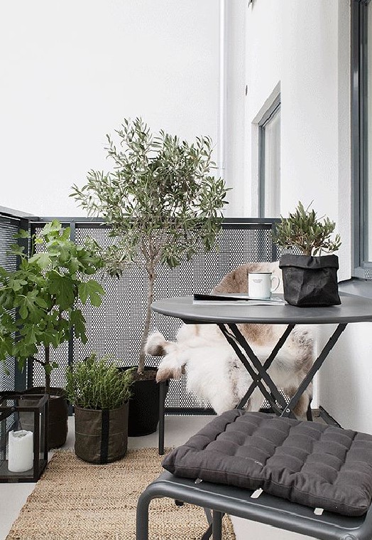 a chic Scandinavian balcony with a black table and chairs, potted plants and a mini tree, candle lanterns and a jute rug is a stylish space