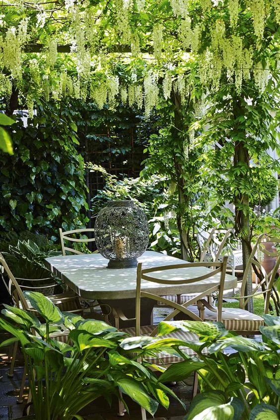 a beautiful and welcoming outdoor dining space with lots of greenery around and some foliage on top the space is a lovely area to have a meal
