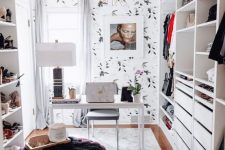 a home office with shoe racks
