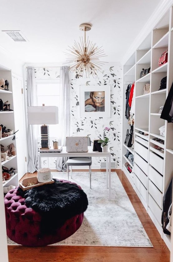 a home office with shoe racks