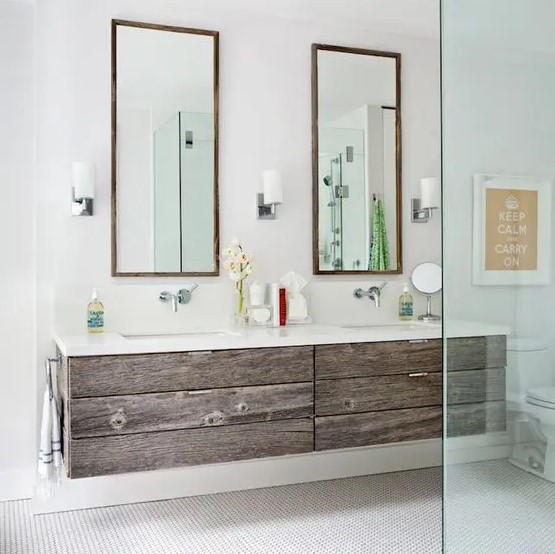 a floating vanity composed of reclaimed wood is a very eco friendly solution for a modern space, it will add wartm of wood to it