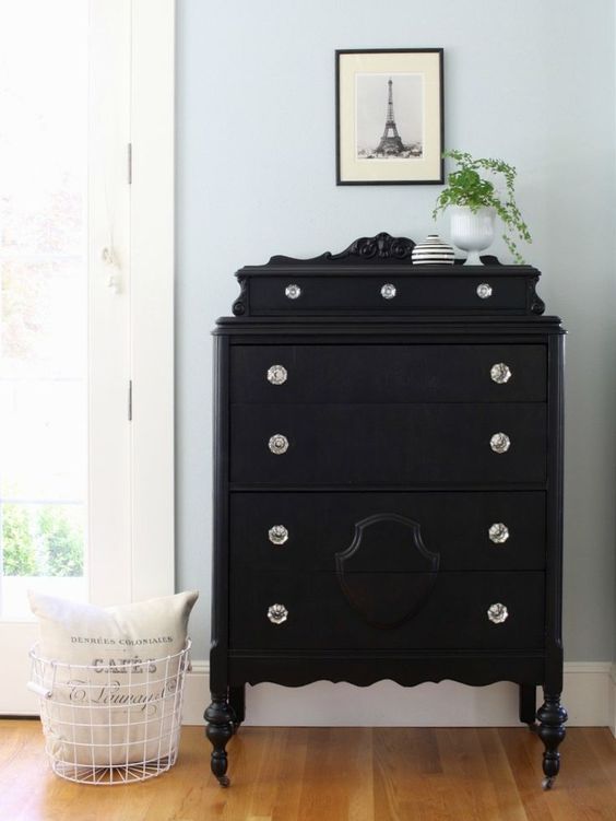 a pretty black vintage dresser with potted greenery on top will add a chic and refined touch to any space