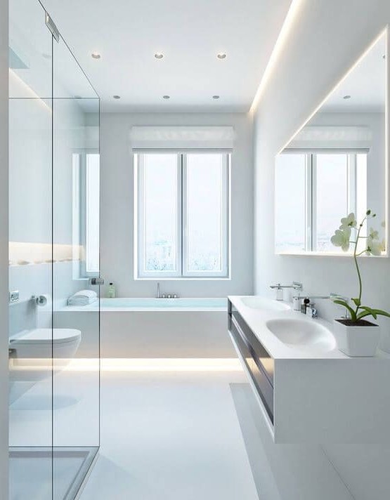 a pure white minimalist bathroom with a floating vanity, a bathtub with built in lights, a shower clad with glass and a window