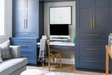 15 a stylish home office done with navy kitchen cabinets, a pastel blue sofa and faux fur stools, gold touches for more elegance