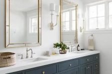 25 an elegant graphite grey farmhouse bathroom with a double sink and mirror, with a basket for storage
