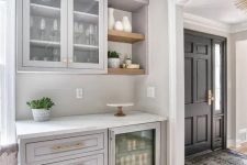 37 a light grey home bar done with kitchen cabinets, open shelves and a wine cooler is a lovely space for a farmhouse home