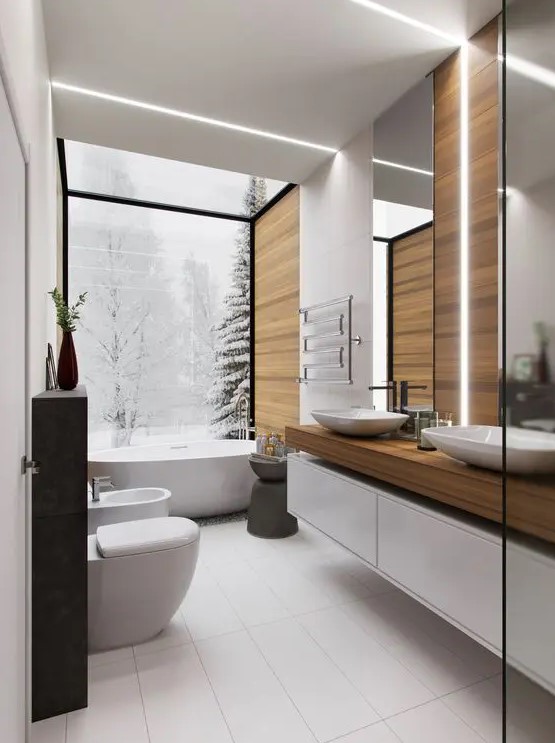 a contemporary bathroom with a panoramic view, a chic tub, wood imitating tiles, long ones, a floating double vanity and a mirror