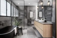 a modern grey bathroom design with concrete tiles