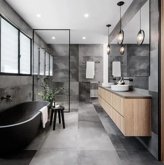 a modern grey bathroom design with concrete tiles