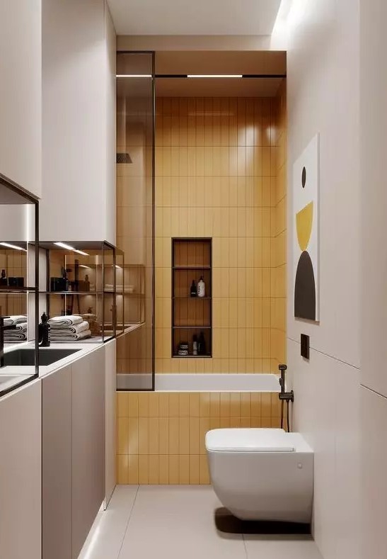 a contemporary small bathroom with all neutrals, a yellow tile bathtub zone and dark metal touches for drama
