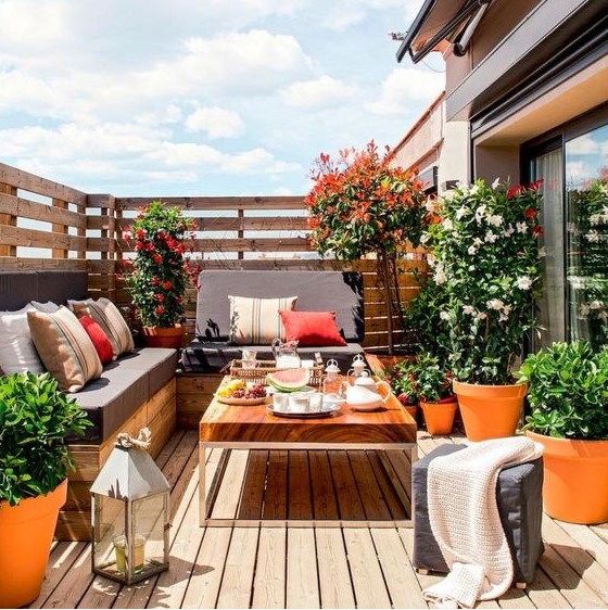 a cozy bright terrace with wooden upholstered benches, a chic coffee tables, potted greenery and flowers